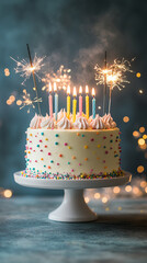 colorful birthday cake with lit candles and sparklers