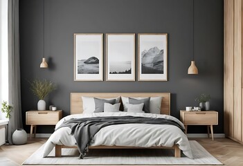 Wooden bed in modern interior space, 3D render, 3D illustration
