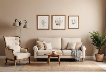 White living room with sofa. Scandinavian interior design. 3D illustration