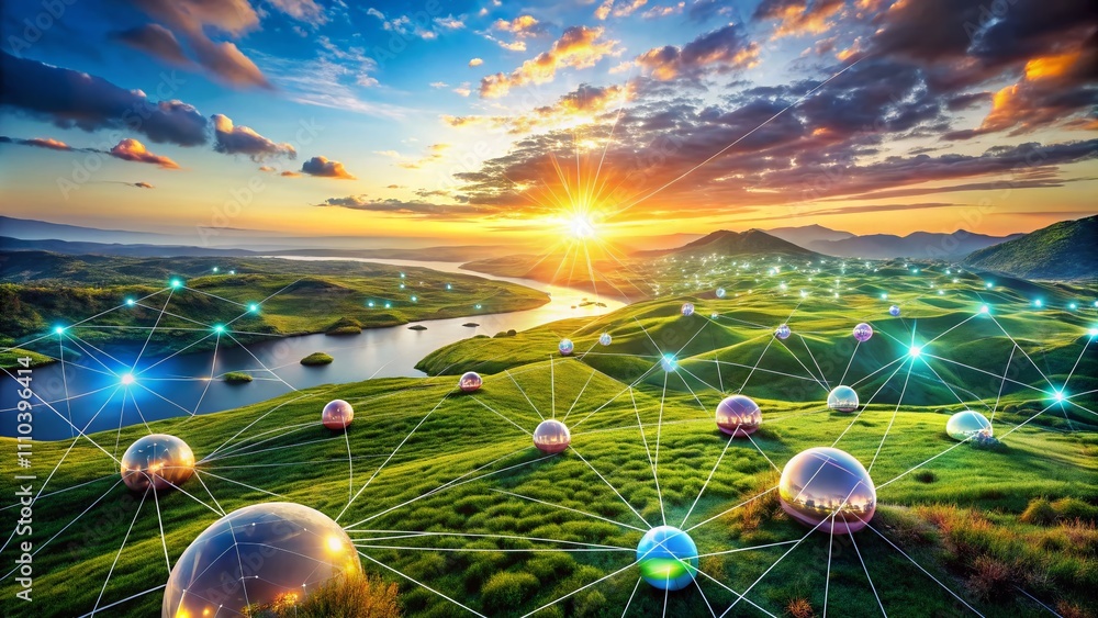 Aufkleber spheres of data interconnected in a vast network over a serene landscape, showcasing the fusion of n