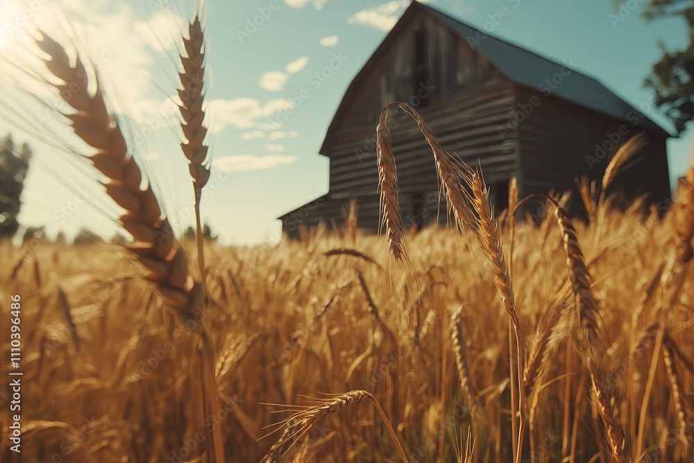 Poster a golden wheat field swaying in the wind, with a rustic barn in the distance.