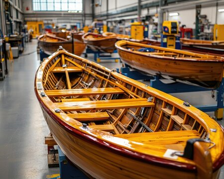 A workshop filled with wooden boats, showcasing craftsmanship and detailing, with bright yellow accents and a spacious, well-lit environment.