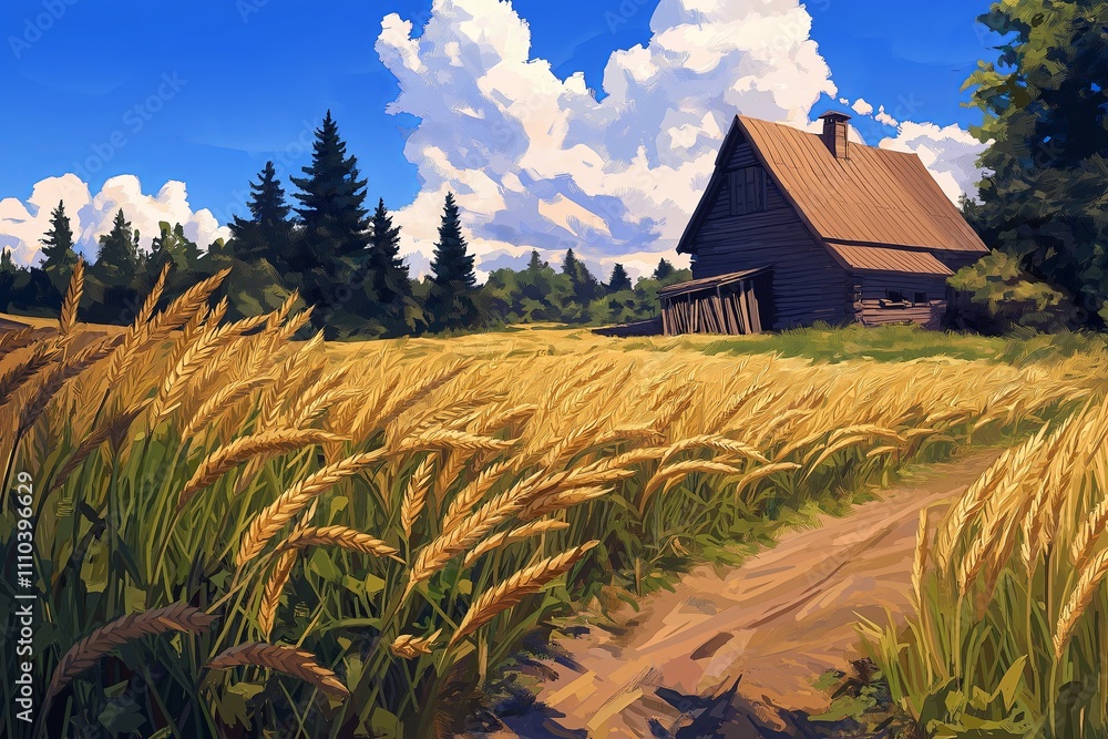 Poster a golden wheat field swaying in the wind, with a rustic barn in the distance.
