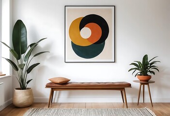 Elegant retro living room with design grey sofa, coffee table, lamp, plants and furniture. Mock up posters frame on the white walls. Minimalistic room with brown wooden parquet and design lamp.