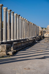 Rows of columns in Perge, Antalya, Turkey. Remains of colonnaded street in Pamphylian ancient...