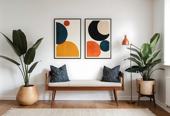 Elegant retro living room with design grey sofa, coffee table, lamp, plants and furniture. Mock up posters frame on the white walls. Minimalistic room with brown wooden parquet and design lamp.