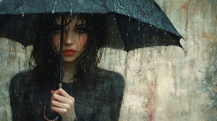 Woman Underneath A Rainy Umbrella Feeling Melancholy