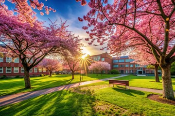 Naklejka premium Spring Schoolyard Scene with Cherry Blossoms in Bloom Surrounded by Lush Green Grass and Bright Blue Sky, Perfect for Capturing the Essence of Nature and Childhood Joy