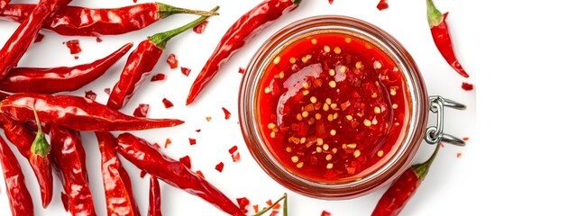 A jar of spicy Sriracha sauce with chili peppers, isolated white background, pop art style