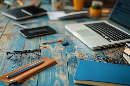 Busy workspace with laptop, notebooks, and office supplies. Concept of productivity and modern work.