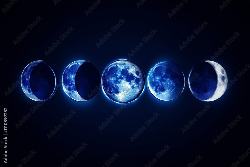Poster A minimal depiction of the moon phases in a neat horizontal alignment against a deep navy blue background