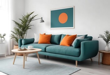 Blue bench and settee with pink blanket in elegant living room interior with bookcase and posters