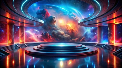Obraz premium Striking Architectural Photography of a Cosmic Podium Surrounded by a Vibrant Red and Blue Nebula, Merging Celestial Elements with Futuristic Design Concepts