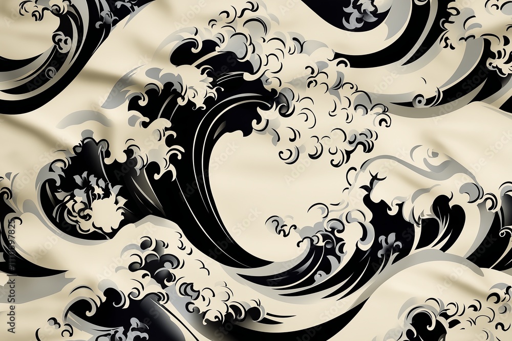 Aufkleber a monochrome wave pattern resembling japanese woodblock prints on a soft gray background