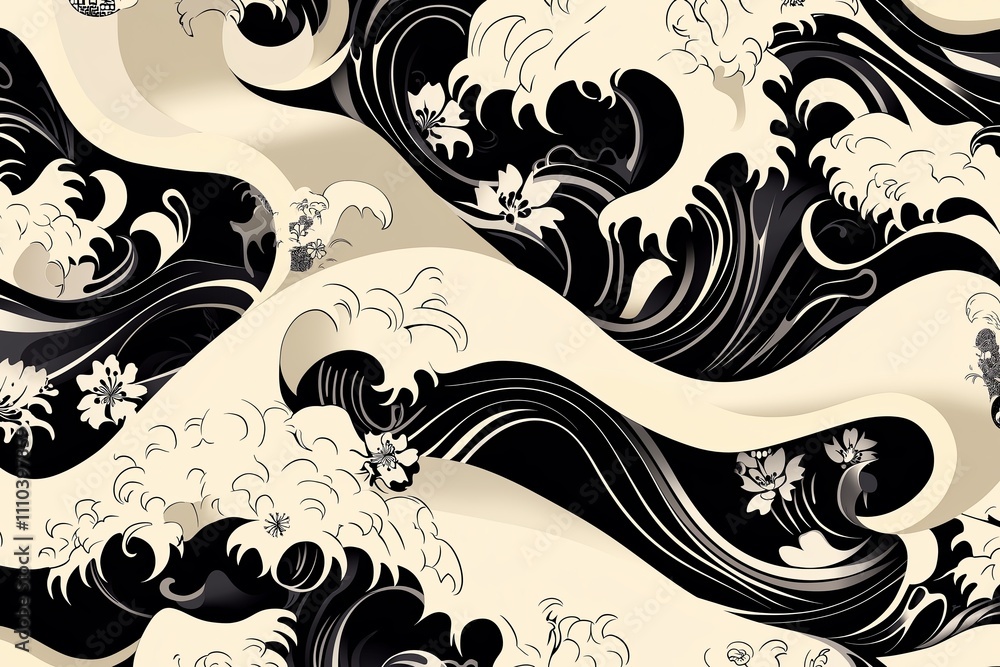 Poster A monochrome wave pattern resembling Japanese woodblock prints on a soft gray background