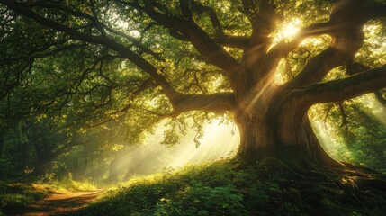 Obraz premium Majestic Ancient Oak Tree Bathed in Golden Sunlight