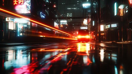 A vibrant city scene at night with neon lights reflecting on wet streets.