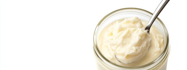 A jar of tangy horseradish sauce with a spoon, isolated white background, hyperrealism art style