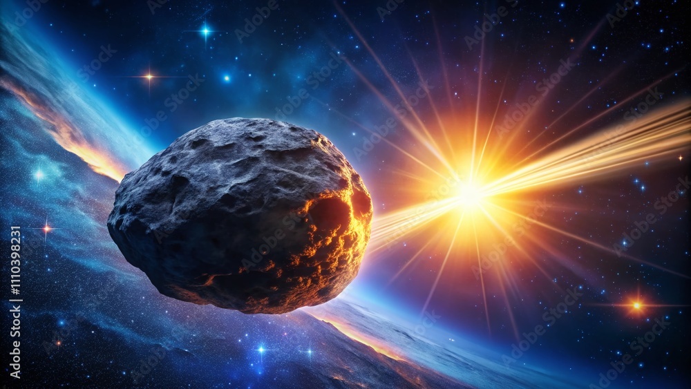 Poster stunning 3d illustration of an empty galactic platform on an artificial asteroid with a beam of ligh