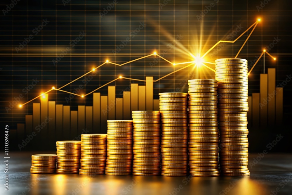 Aufkleber stunning 3d rendering of gold coins piling up with a rising graph representing growth and prosperity