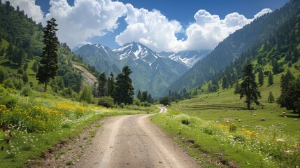 A scenic unpaved road in Fairy Meadows, meandering through verdant greenery with wildflowers and clear blue skies. 