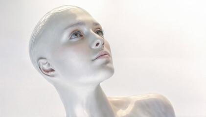 Mannequin androgyne peau blanche fond blanc, portrait serré, espace libre pour texte 