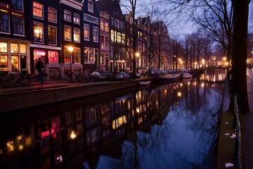 Fototapeta premium A row of colorful houses along a canal, reflecting in the water at twilight