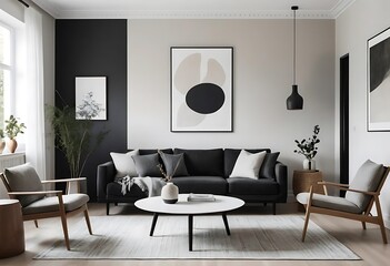 Interior of living room with comfortable sofa, table and laptop. Different color patterns
