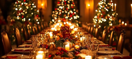  A grand Christmas banquet with a long table filled with festive foods, candles, and garlands