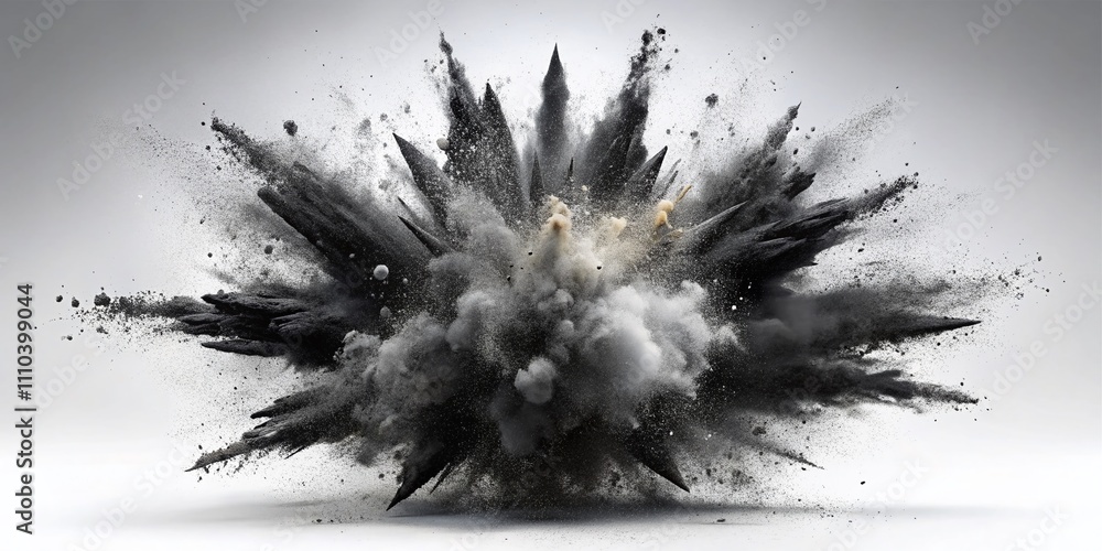 Poster stunning abstract black particles explosion isolated on white background, dynamic dust overlay textu
