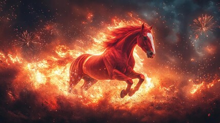 Red Fiery Horse with Fireworks and New Year Decorations. Generative AI
