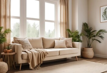 White living room with sofa and summer landscape in window. Scandinavian interior design. 3D illustration