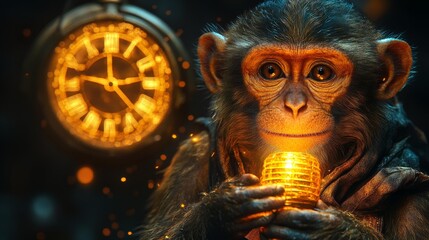 Yellow earth monkey holding a glowing lantern with New Year's countdown clock. Generative AI