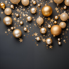 Flat-lay layout Christmas decorations with ornament and baubles. Festive winter background. Space for text.