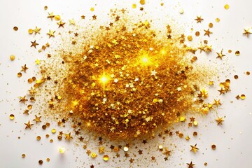 Stunning Aerial View of Golden Glitter Texture Isolated on White, Capturing the Elegance of Amber Particles, Stardust Background, and Golden Confetti Explosion in Vector Illustration