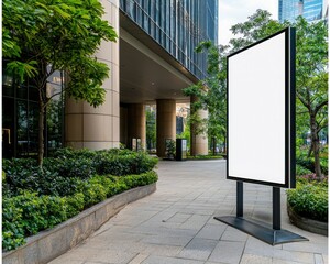 A blank advertising billboard stands in a landscaped area near modern buildings, surrounded by greenery and pavement.