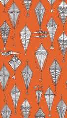 Fototapeta premium Silver Kite pattern hand drawn design on Orange background illustration