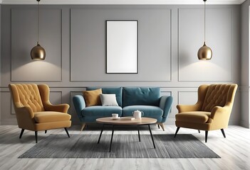 Interior modern classic living, retro classical style, with loose brown furniture, dark green wall, 3D rendering, 3D illustration