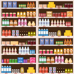 Seamless pattern supermarket shelves with assortment goods