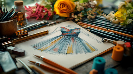 Fashion Design Sketch Illustration: Colorful Dress