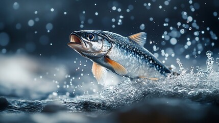 Leaping trout splashing in river.