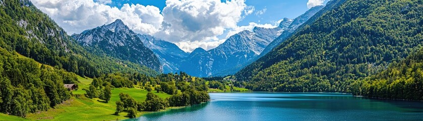 A breathtaking panorama of serene mountains, lush greenery, and a tranquil lake under a blue sky filled with fluffy white clouds.