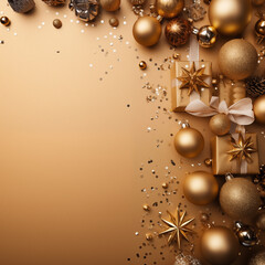 Flat-lay layout Christmas decorations with ornament and baubles. Festive winter background. Space for text.