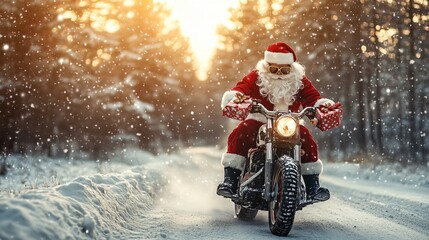 Santa Claus rides a motorcycle through a snowy forest, delivering gifts at sunset.