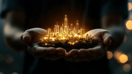 Futuristic illuminated cityscape rising above an open palm symbolizing innovation, technology and urban growth against a blurred background with glowing lights.