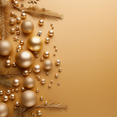 Obraz premium Flat-lay layout Christmas decorations with ornament and baubles. Festive winter background. Space for text.