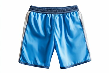 Blue athletic shorts; white, navy trim.