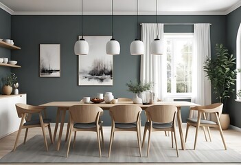 Modern concept interior of dining room with two empty white picture frame. 3D Rendering, 3D Illustration