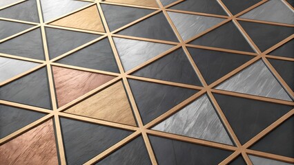 
Geometric Pattern of Triangles with Gold Outlines and Varied Textures on a Surface, Featuring Black, Gray, and Brown Tones, Creating an Elegant and Striking Visual Design for Modern Interiors