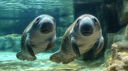 Fototapeta premium Two manatees swimming together in a clear aquatic habitat, perfect for wildlife conservation campaigns, educational materials, and nature photography